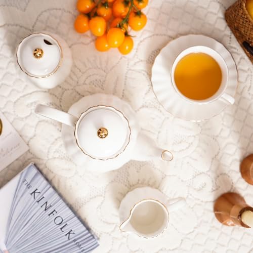 Agyiuns Tea Pot, Porcelain Teapot 37oz，tea pots for tea party，Tea Infuser Pots for Blooming loose Leaf Tea(White)