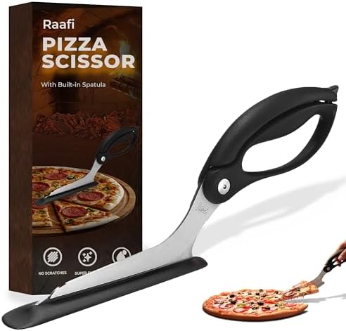 Pizza Scissors with Non Stick Slice Server. Sharp Pizza Cutting Without Topping Mess.Firm Grip, Food Grade Stainless Steel Pizza Cutter. Dishwasher Safe. 4 in 1 Kitchen Scissors (Black Spatula)
