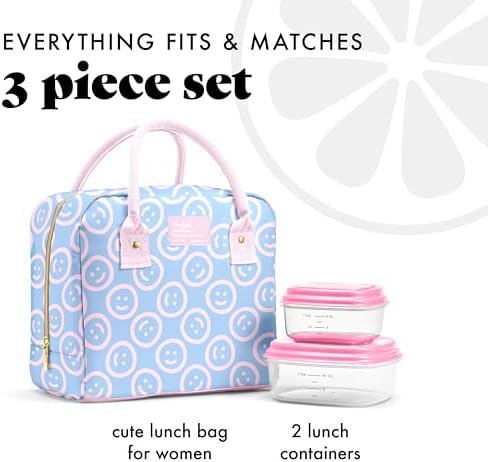 Fit & Fresh Bloomington Lunch Bag for Women - Insulated Large Lunch Box for Work with Containers, Leak-Resistant, Stain-Resistant, Zipper Closure, All Smiles Bubble Gum