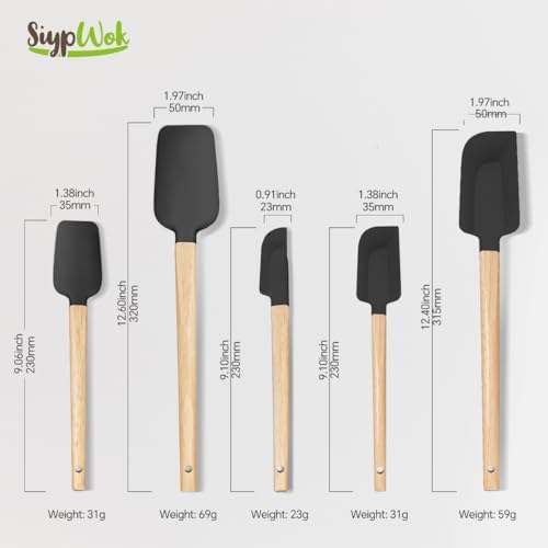 Silicone Spatula Set, Food Grade Rubber Spatula-5 Piece Nonstick Rubber Spatulas, Spoonula, Jar Scraper for Cooking, Baking, Mixing, Frosting - Heat Resistant Up to 600°F (5 Pcs Black)