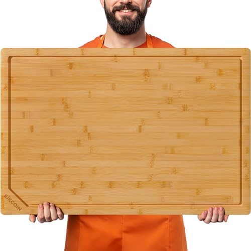 Kikcoin 30”×20” Bamboo Cutting Boards for Kitchen, Heavy Duty Wooden Cutting Boards, Healthy Extra Large Chopping Boards with Deep Juice Groove and Handle, Oversized Stove Top Cover, Natural