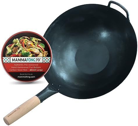 Large Flat Bottom 16-inch Traditional Carbon Steel Wok Pan - Authentic Hand Hammered Woks and Stir Fry Pans - Pow Wok with no chemical coating