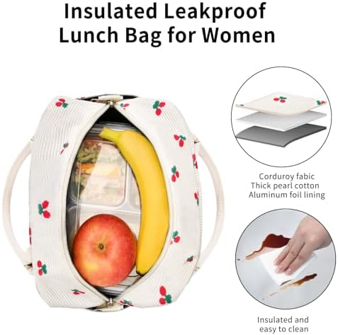 GASSDA Lunch Box for Women Insulated Lunch Bag Women Adult Cute Lunch Bags Reusable Lunchbox Cooler Tote Bag for Work Picnic (Beige-Cherry)