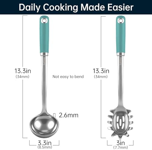 Safring Stainless Steel Soup Ladle and Spaghetti Spoon Set, Heat Resistant Rubber Handle, Dishwasher Safe, Kitchen Utensils for Cooking, Stirring, Serving Pasta, Soup & Sauce (Aqua Sky)
