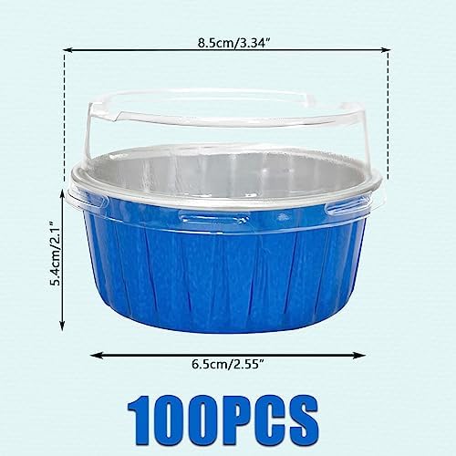 100Pcs Aluminum Cups with Lids,5oz Disposable Ramekin Baking Cups Muffin Liners Mini Pie Pans Foil Cupcake Containers for Christmas Party Wedding Party,Dark Blue