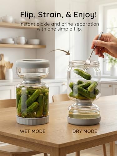 Homnoble Pickle and Olive Hourglass Jar with Strainer Flip Juice Separator