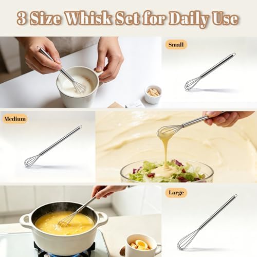 Whisks for Cooking, 3 Pack Mini Whisk for Whisking, 7"+9"+11" Tiny Stainless Steel Wire Whisk Set for Baking, Blending Eggs & Sauces, Heavy Duty Rust Proof