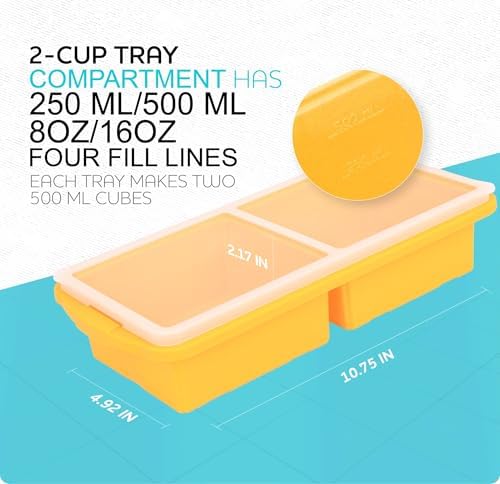 XOMOO Silicone Freezer Tray With Lid-Soup Freezer Container molds-2-cup Extra Large Ice Cube Tray-makes 4 perfect 500ml portions cubes, For freezing soup,stews,sauces.Oven&Dishwasher-Safe(2-Pack)