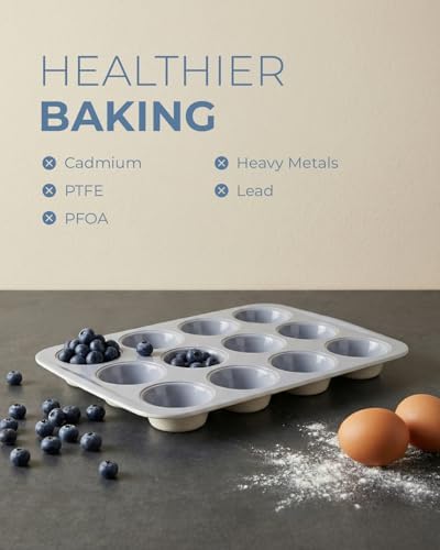 CARTMAN Ceramic Muffin Pan 12 Cup with 200 Cupcake Liners, Non-Stick & Non-Toxic Baking Tin for Healthy Muffins and Cupcakes, Perfect for Home Kitchens and Parties