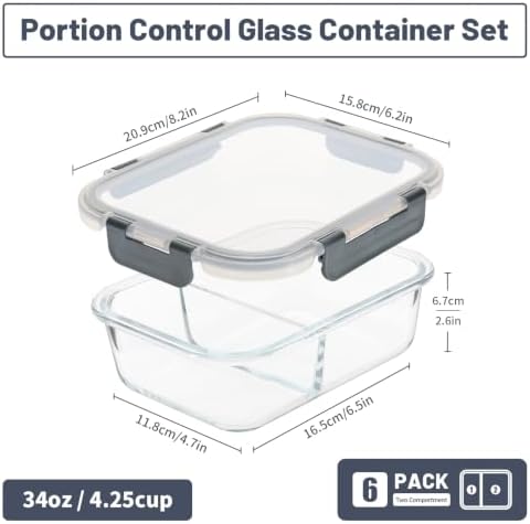 6pack, 34oz, 2 Compartment Glass Meal Prep Containers with Lids, Grey