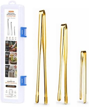 Stainless Steel Kitchen Tongs Set of 3, 6-11.5in Non-Slip Gold