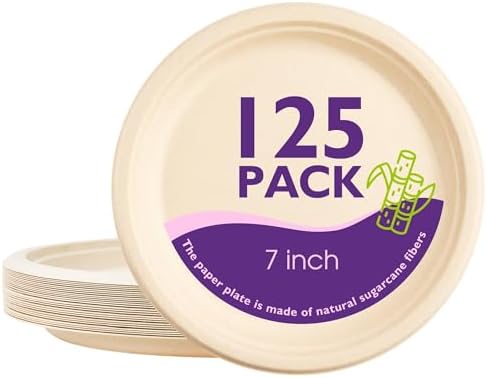 PACKINNO125 Pack 7 Inch Compostable Paper Plates Round Unbleached Brown Plates Made from Natural Sugarcane Fibers, Biodegradable Heavy Duty Disposable Plates for Party, Camping, Picnic