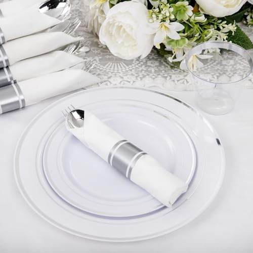 WELLIFE 210 Piece Silver Plastic Dinnerware Set for 30 Guests, Include: 30 Dinner Plates, 30 Dessert Plates, 30 Pre Rolled Napkins with Silverware and 30 Silver Cups