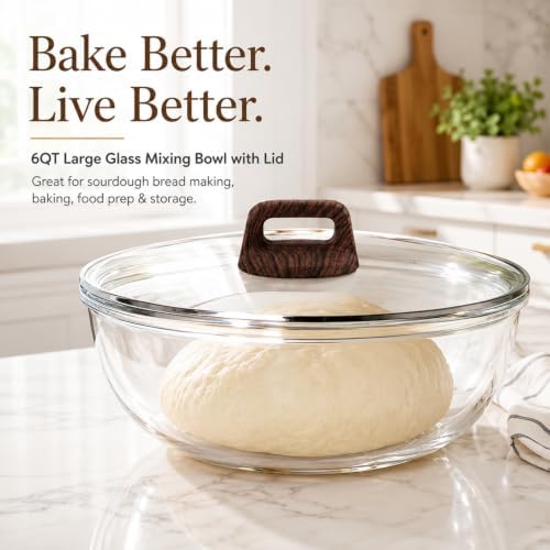 Large Glass Bowl for Sourdough Bread Making 6 QT Glass Mixing Bowl with Lid and Wood-Look Solid Bakelite Handle Clear Sourdough Bread Proofing Bowl with Cover Ideal for Baking