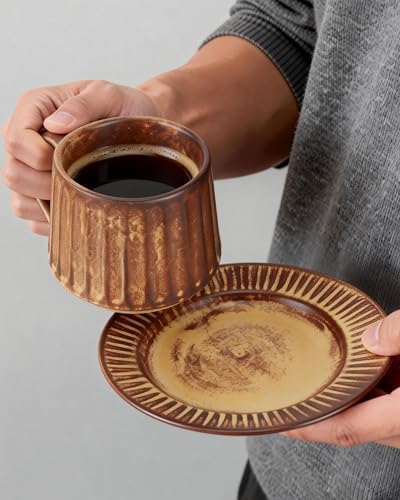 Ceramic Cup and Saucer Set,11.5 oz Coffee Cups with Saucers Modern Porcelain Espresso & Tea Cup Set,Dishwasher & Microwave Safe,for Home & Entertaining