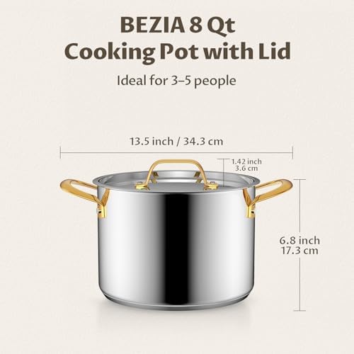 BEZIA 8 QT Stainless Steel Stock Pot with Lid, Uncoated Cooking Pot