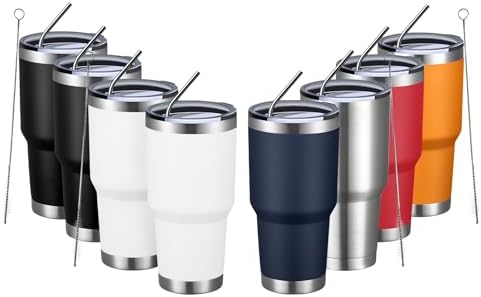 MEWAY 30oz Insulated Tumbler With Lids and Straws,Stainless Steel Double Vacuum Coffee Tumbler Cup, Brush, Durable Powder Coated Coffee Cup for Cold & Hot Drinks, Office, Travel(mixture,8 PACK)