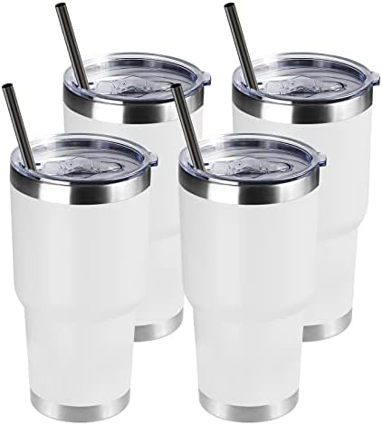 DOMICARE 30 oz Tumbler with Lid and Straw, Stainless Steel Tumblers Bulk, Insulated Vacuum Double Wall Travel Coffee Mug, Durable Powder Coated Tumbler Cups (White, 4)