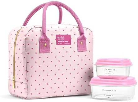 Fit & Fresh Bloomington Lunch Bag for Women - Insulated Large Lunch Box for Work with Containers, Leak-Resistant, Stain-Resistant, Zipper Closure, Tiny Pink Hearts