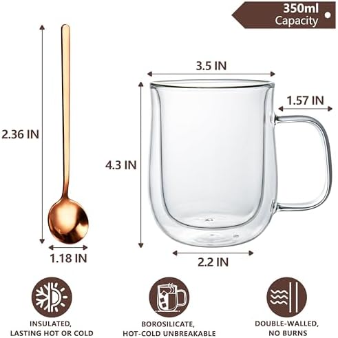 Double Walled Glass Coffee Mugs, 12 OZ, Set of 2