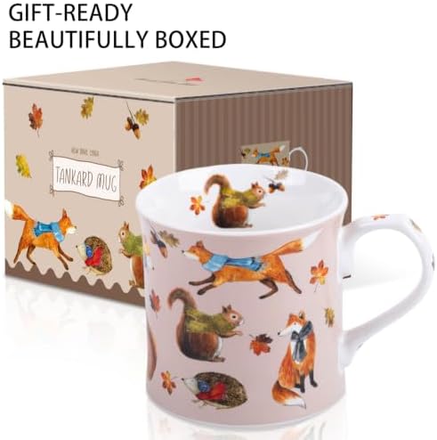 Fall Animal Coffee Mug, 12oz Ceramic Autumn Mug with Woodland Fox, Squirrel & Hedgehog in Scarves & Leaves, Cozy Fall Gift for Nature Lovers, Designed in England by Harvest Green Studio
