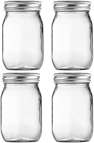 Glass Mason Jars, 16oz Regular Mouth Canning Jar with Airtight Lids, 4 Pack