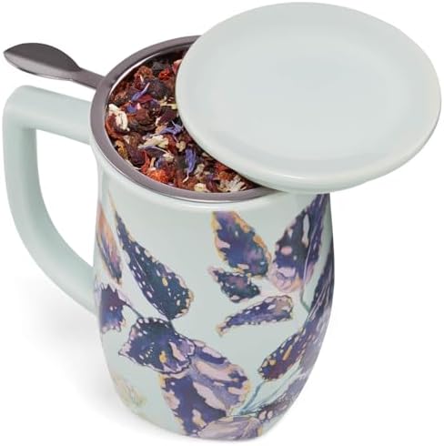 Tea Forte Ceramic Fiore Tea Cup with Infuser, Demoiselle, 14 oz