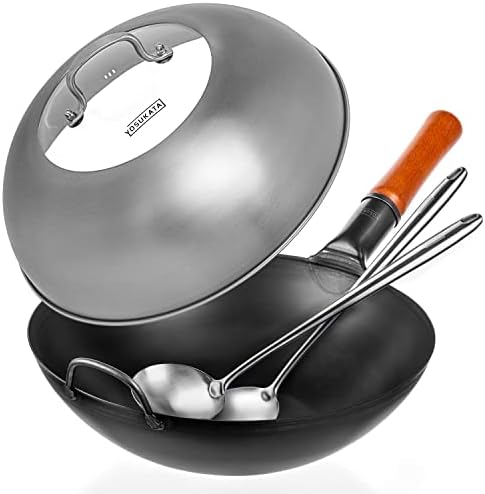 YOSUKATA Carbon Steel Wok Pan 13,5 “ + Lid 12.8 In for 13.5-In Wok + 17’’ Spatula and Ladle