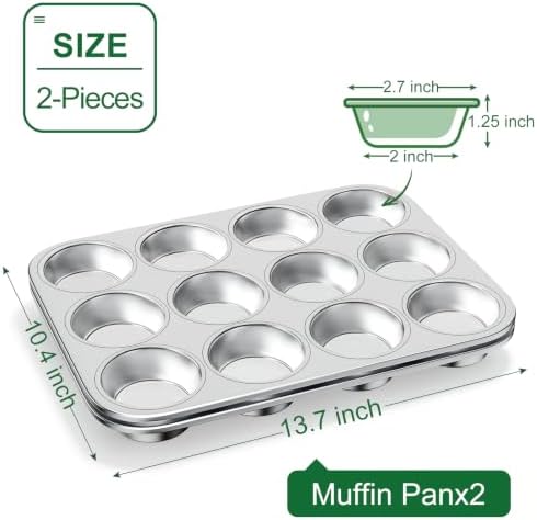 12-Cup Stainless Steel Muffin Pan, Cupcake Pan Metal Muffin Baking Tins for Oven & Dishwasher Safe, Cupcake Pans for Baking Non-toxic & Easy Clean Set of 2 ﻿
