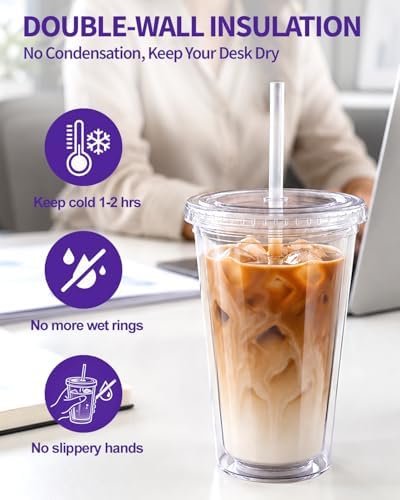 Zukro Clear Double Wall Plastic Tumbler with Lid and Straw 16 oz, 2 Pack
