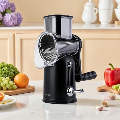 Rotary Cheese Grater with Handle, 5-Blade Cheese Shredder, BPA-Free (Black)