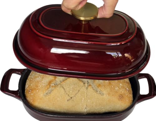 La Cuisine Enameled Cast Iron Bread Loaf Dutch Oven Oblong for Sourdough Crusty Bread & High‑Heat Baking. Oven-Safe 550°F/287°C Matte Black Enamel Interior, 5.5 QT, Cranberry