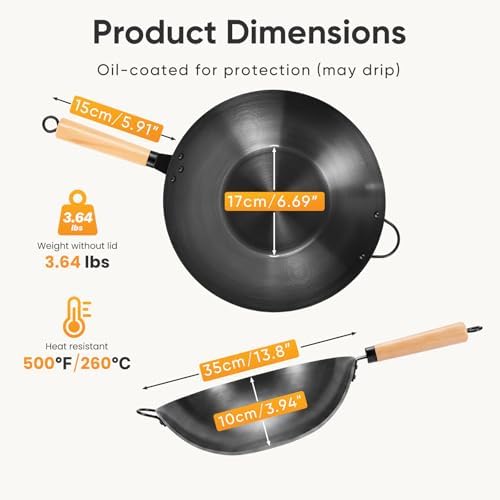 NEWBULIG 13.5" Carbon Steel Wok Pan, Pre-Seasoned Flat Bottom Wok for Stir Fry, BBQ, Grill & Camping, Compatible with Induction, Electric, Gas and Open Fire, Black