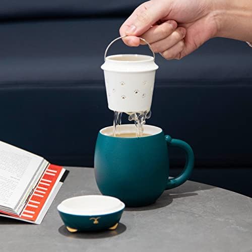 HEER Cat Ceramic Tea Mug 13.5oz with Infuser and Lid, Green