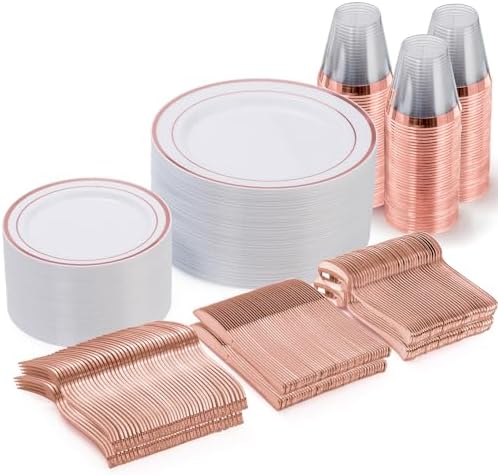 Goodluck 300 Pieces Rose Gold Disposable Plates for 50 Guests