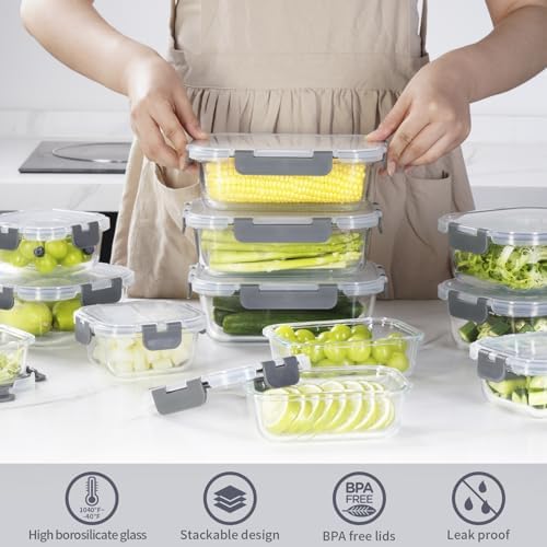 AILTEC 12 Pack Glass Meal Prep Containers Set, Airtight Snap Lids, 4 Sizes
