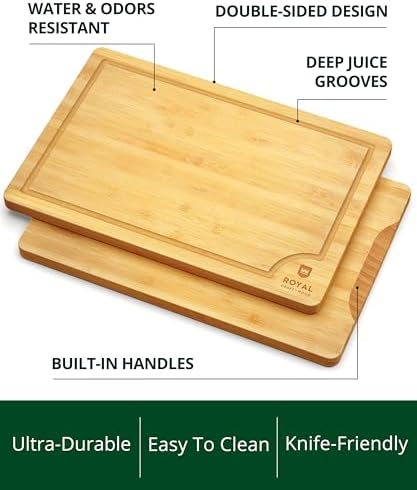 ROYAL CRAFT WOOD Wooden Cutting Boards for Kitchen Meal Prep & Serving - Bamboo Wood Serving Board Set with Deep Juice Groove Side Handles - Charcuterie & Chopping Butcher Block for Meat