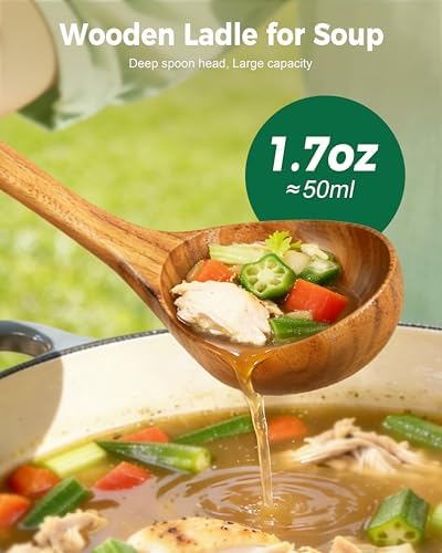 RAVS Wooden Ladle for Soup, 100% Natural Acacia Wood with 12.4″ Long Handle, No-Scratch Cookware Surface, Wooden Soup Ladle for Cooking, Gravy, Sauce, Porridge