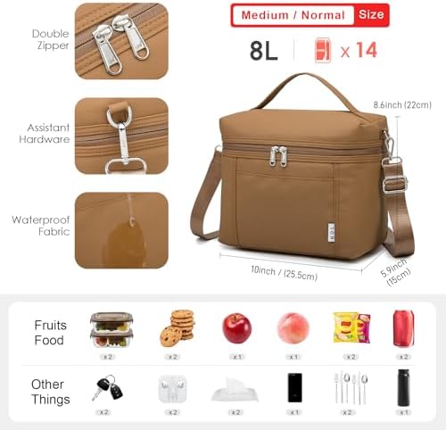 NOL 8L Insulated Lunch Bag for Women, (Medium(normal), Brown