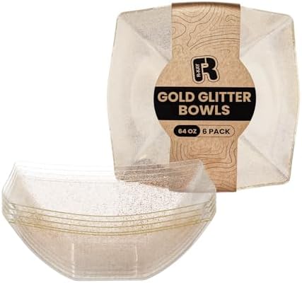 R-kay 6 Pack Plastic Serving Bowls - 64 OZ Gold Glitter Bowls - Salad Bowls Large Serving - Premium Heavy Duty For Weddings Catering And Birthday parties