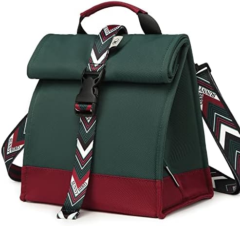 SUNNY BIRD Insulated Lunch Bag Rolltop Lunch Box (Green with Boho strap)
