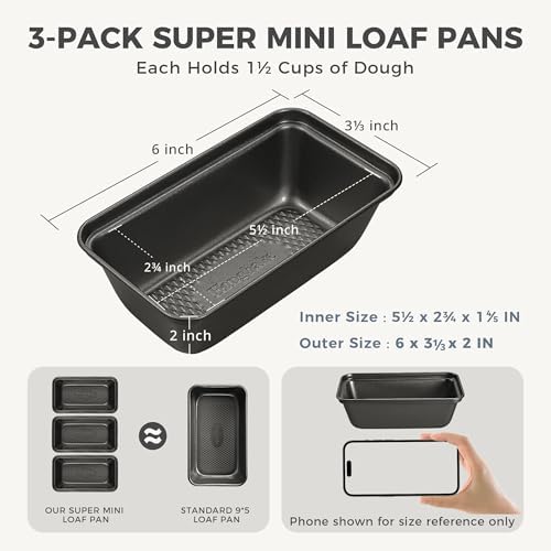 HONGBAKE 3 Pack Nonstick Mini Loaf Pans, 6 x 3.3 x 2 Inch Small Bread Pans for Homemade Bread, Tiny Banana Baking Tins with Diamond Texture, Non-toxic Mini Meatloaf Pans Set, Dark Gray