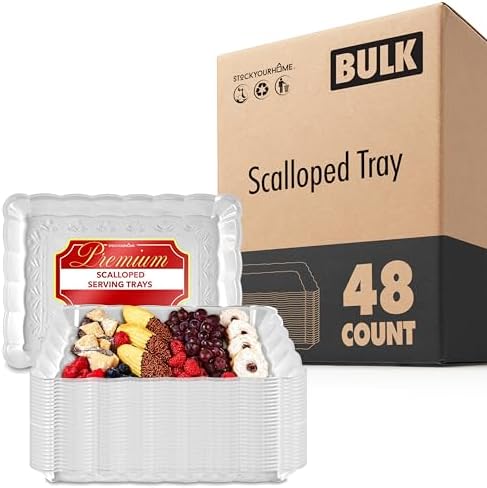 (48 Pcs) Clear Plastic Serving Tray 9x13, Large Plastic Serving Platter Disposable, Rectangle Party Trays and Platters for Fruit, Dessert, Cookies, Appetizers, Food, Entertaining, Holiday Parties