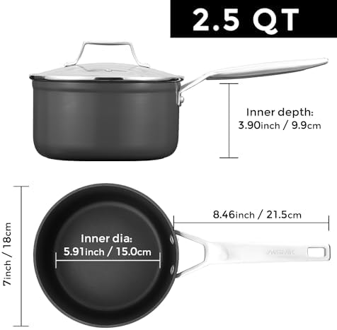 MsMk 2.5 QT Nonstick Saucepan with Lid, Grey Induction Cooking Pot