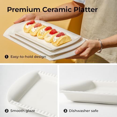 LIFVER Extra Large Serving Platters, 16"/14"/12" Ceramic Rectangle Serving Trays, Serving Dishes for Entertaining, White Platters for Serving Food Party, Turkey Platter for Thanksgiving, Set of 3