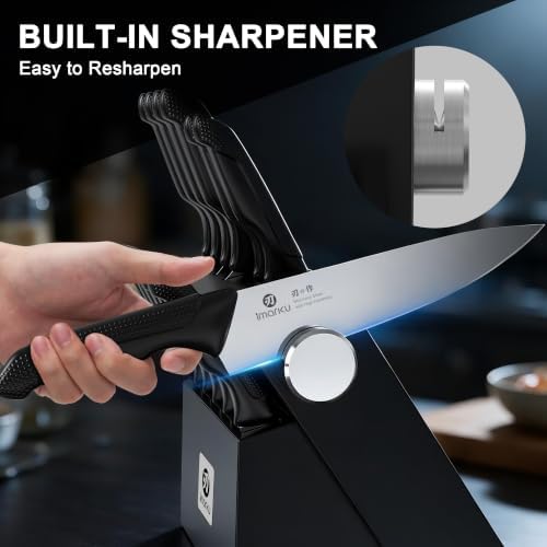 imarku 14-Piece Knife Set with Block and Built-In Sharpener, Black