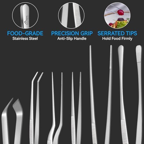 HOTEC Kitchen Tweezers Stainless Steel Cooking Tweezers 6 Pcs-6.3" and 12"