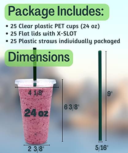 Cappatua 24 oz Clear Plastic Cups with Lids and STRAWS, Disposable Drinking Cups for Cold Drinks, Iced Coffee, Milkshakes, Smoothies, 25 Sets