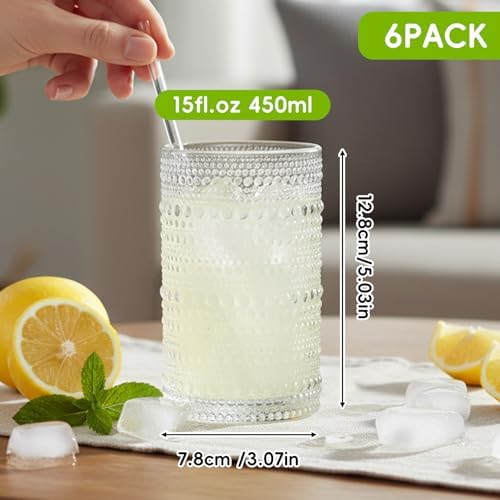 Moretoes Large 15oz Hobnail Drinking Glasses Set of 6