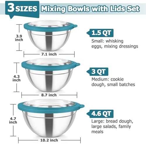 TeamFar Mixing Bowl Set, 4.5/3/1.5 QT Stainless Steel Nesting Salad Bowls